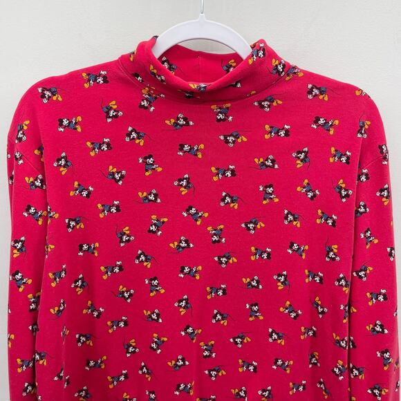 Vintage 90s Mickey Mouse & Co All Over Print Red Turtleneck Womens Medium LS Top - Picture 2 of 6